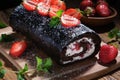 Recipe for biscuit rolls with strawberries decorated with fresh mint leaves. Royalty Free Stock Photo