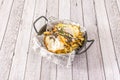 Recipe Black Bowl filled with scrambled eggs with chips and black truffle sauce Royalty Free Stock Photo