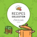 Recipe book, Cookbook, Cover menu. Boiling pot, Steam icon. Culinary and vegetables background