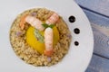 Recipe for Boulghoursotto and mini patisson stuffed with mozarella and basil and its scampi