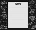 Recipe card. Cookbook page. Design template with hands preparing meals, kitchen utensils and appliances.