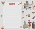 Recipe card. Cookbook page. Design template with people preparing meals, kitchen utensils and appliances. Set for restaurant, cafe