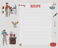 Recipe card. Cookbook page. Design template with people preparing meals, kitchen utensils and appliances. Set for restaurant, cafe