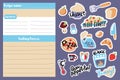 Recipe card template and food cooking stickers. Playful cook book page vertical format A5 size