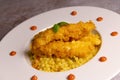 Recipe for chicken tenders with corn flakes and Italian Piombo pasta risotto and peppers Royalty Free Stock Photo