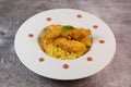 Recipe for chicken tenders with corn flakes and Italian Piombo pasta risotto and peppers Royalty Free Stock Photo