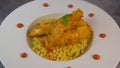 Recipe for chicken tenders with corn flakes and Italian Piombo pasta risotto and peppers on turntable