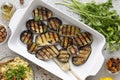 Recipe for Cooking Vegetarian Grill Eggplant with Couscous and Dried Fruit, top view Royalty Free Stock Photo
