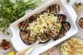 Recipe for Cooking Vegetarian Grill Eggplant with Couscous and Dried Fruit, top view Royalty Free Stock Photo