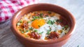 Egg cooked in the oven with sobrassada. Traditional Spanish tapa.