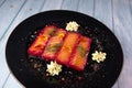 Recipe for gravlax salmon marinated with beet and avocado mayonnaise sauce
