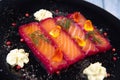 Recipe for gravlax salmon marinated with beet and avocado mayonnaise sauce