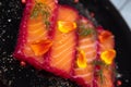 Recipe for gravlax salmon marinated with beet and avocado mayonnaise sauce