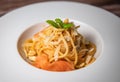Recipe for homemade spaghetti with tomato sauce, smoked salmon, roasted peanuts and parmesan