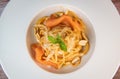 Recipe for homemade spaghetti with tomato sauce, smoked salmon, roasted peanuts and parmesan