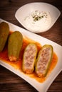 RECIPE FOR LEBANESE-STYLE MINI ZUCCHINI STUFFED WITH RICE AND BEEF IN A TOMATO SAUCE Royalty Free Stock Photo