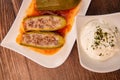 RECIPE FOR LEBANESE-STYLE MINI ZUCCHINI STUFFED WITH RICE AND BEEF IN A TOMATO SAUCE Royalty Free Stock Photo