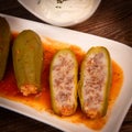 RECIPE FOR LEBANESE-STYLE MINI ZUCCHINI STUFFED WITH RICE AND BEEF IN A TOMATO SAUCE Royalty Free Stock Photo