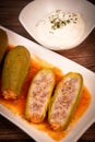 RECIPE FOR LEBANESE-STYLE MINI ZUCCHINI STUFFED WITH RICE AND BEEF IN A TOMATO SAUCE Royalty Free Stock Photo