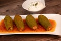 RECIPE FOR LEBANESE-STYLE MINI ZUCCHINI STUFFED WITH RICE AND BEEF IN A TOMATO SAUCE Royalty Free Stock Photo