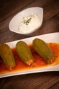 RECIPE FOR LEBANESE-STYLE MINI ZUCCHINI STUFFED WITH RICE AND BEEF IN A TOMATO SAUCE Royalty Free Stock Photo