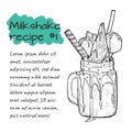 Recipe of milkshake N1, smoothie with candys, ice cream, strawberries and cinnamon. Vector handdrawn illustration.