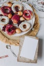 Recipe mockup, doughnut fried in glaze, on a plate on a white background, berry background