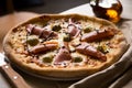 Mortadella and olive pizza. Neapolitan pizza with tomato sauce, cheese and mortadella meat. Authentic Italian recipe.