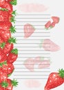 Recipe page template. Cookbook page template. Sheet of paper in a line Watercolor recipe page with strawberry decor