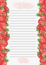 Recipe page template. Cookbook page template. Sheet of paper in a line Watercolor recipe page with strawberry decor