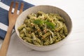 Pasta with pesto. Pesto is a typical condiment or sauce originating from Liguria. Its main ingredient is basil or better, Genovese Royalty Free Stock Photo