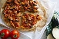 Pizza with roasted eggplant and tortilla sauce. Traditional Neapolitan pizza recipe.