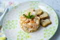 Shrimp tartare with toasted bread.