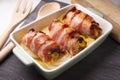 Spiced chicken rolled with bacon cooked in the oven.