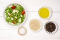 Recipe step by step arugula salad on grey wood