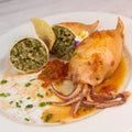 RECIPE FOR STUFFED SQUID, RIZOTTO AND SPINACH PESTO, HOMEMADE TOMATO SAUCE Royalty Free Stock Photo