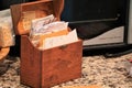Recipes in old fashioned wooden storage box