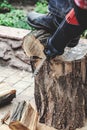 Reciprocating power saw sawing round timber closeup Royalty Free Stock Photo