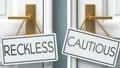 Reckless and cautious as a choice - pictured as words Reckless, cautious on doors to show that Reckless and cautious are opposite