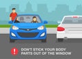 Reckless male character dangles out of front car window. Do not stick your body parts out of the window. Parking area view.