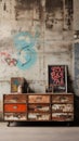 Reclaimed Wood Dresser with Concrete Wall Graffiti - AI Generated Royalty Free Stock Photo