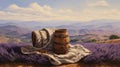 Reclaimed Wooden Barrel In Purple Fields: A Realistic Fantasy Artwork