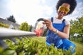 Reclaiming Boundaries: Woman Sculpting a Living Hedge with Precision Trimmer Royalty Free Stock Photo