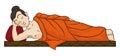 Reclined Buddha with closed eyes in cartoon style, Vector illustration