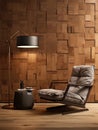 Recliner chair and floor lamp near wooden blocks paneling wall