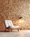 Recliner chair and floor lamp near wooden blocks paneling wall