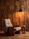 Recliner chair and floor lamp near wooden blocks paneling wall