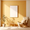 Recliner chair and white mock up poster frame on yellow wall. Interior design of modern living room. Created with generative AI