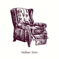 Recliner Retro Chair. Ink black and white doodle drawing