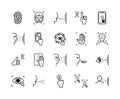 Recognition biometric icons system set. Fingerprint palm identification appearance biometry face scanning unlock